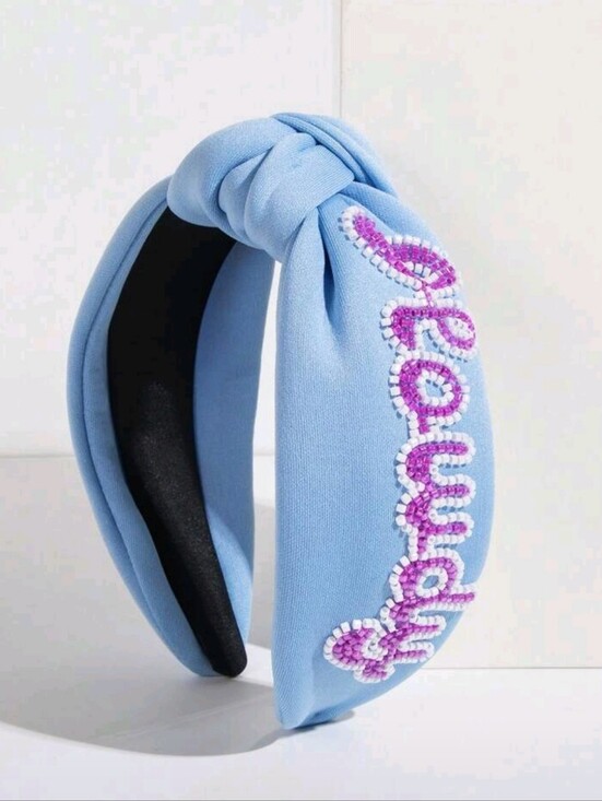 Accessories - HOWDY - Light Blue Knotted Headband with Purple White Beaded Script
